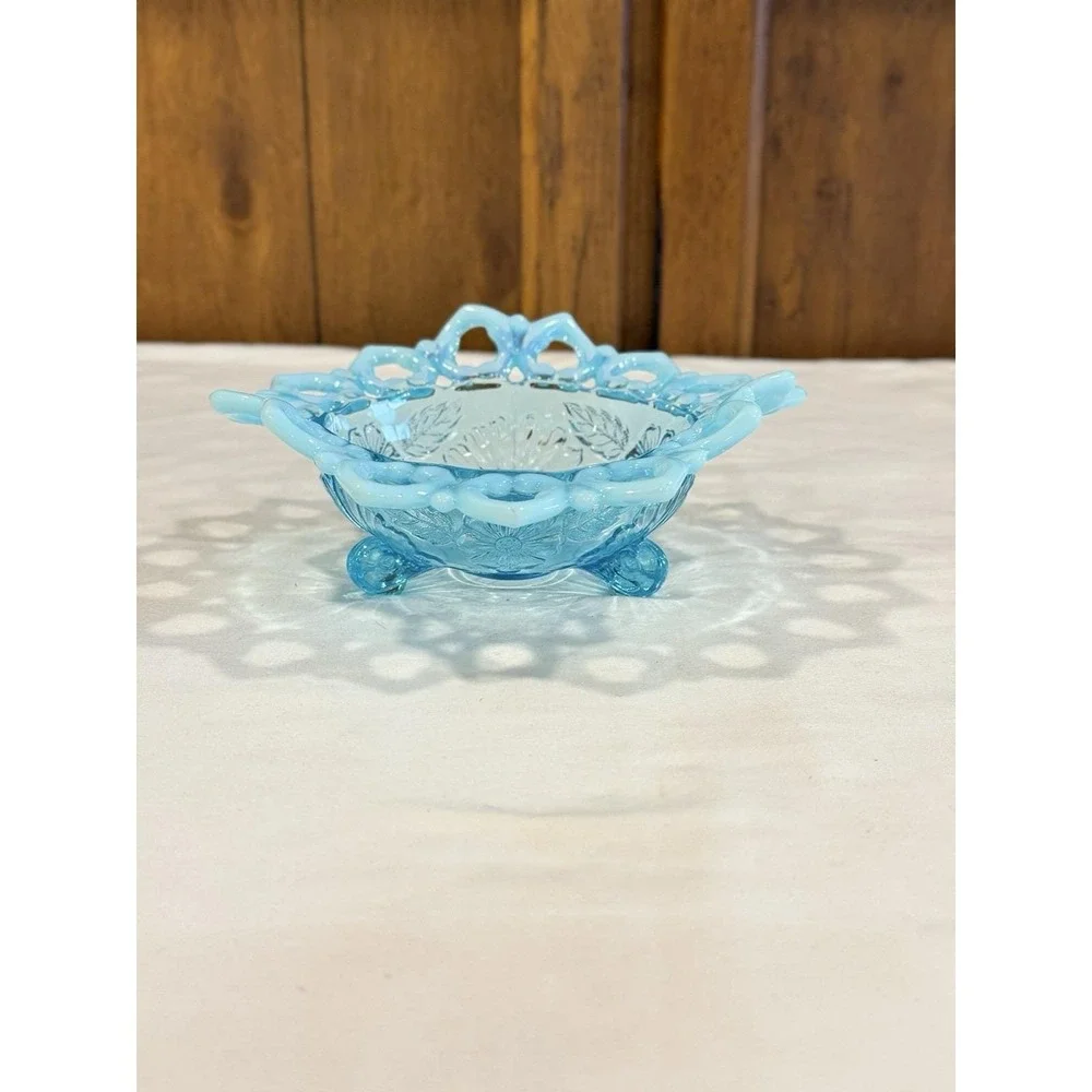 Northwood Blue Opalescent Bowl Dish Shell & Flower  *3 Sides Up* 1900's